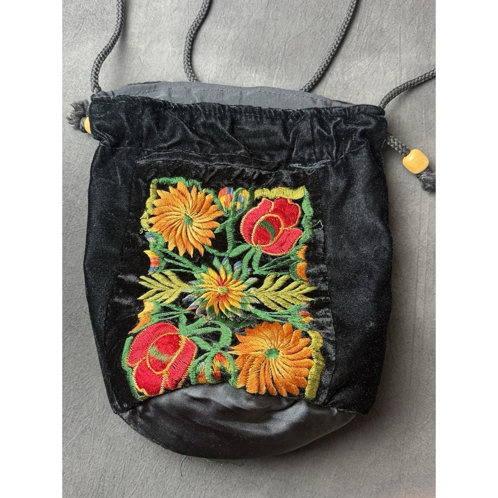 Vintage Black Velvet Embroidered Pouch Bag Guatemala Cotton Boho Cottagecore